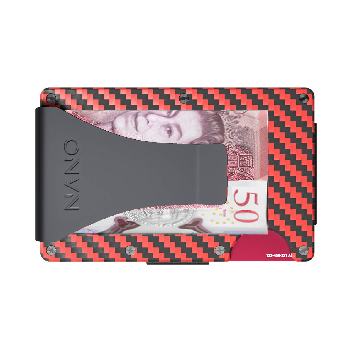 NANO Diablo Red/Stealth Black 3K carbon fibre money clip wallet — money clip holding folded cash