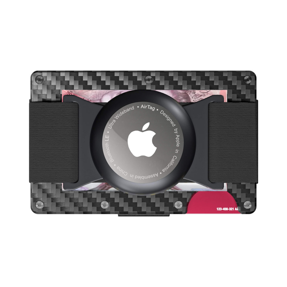 NANO Stealth Black 3K carbon fibre AirTag cash strap wallet — cash strap holding folded cash
