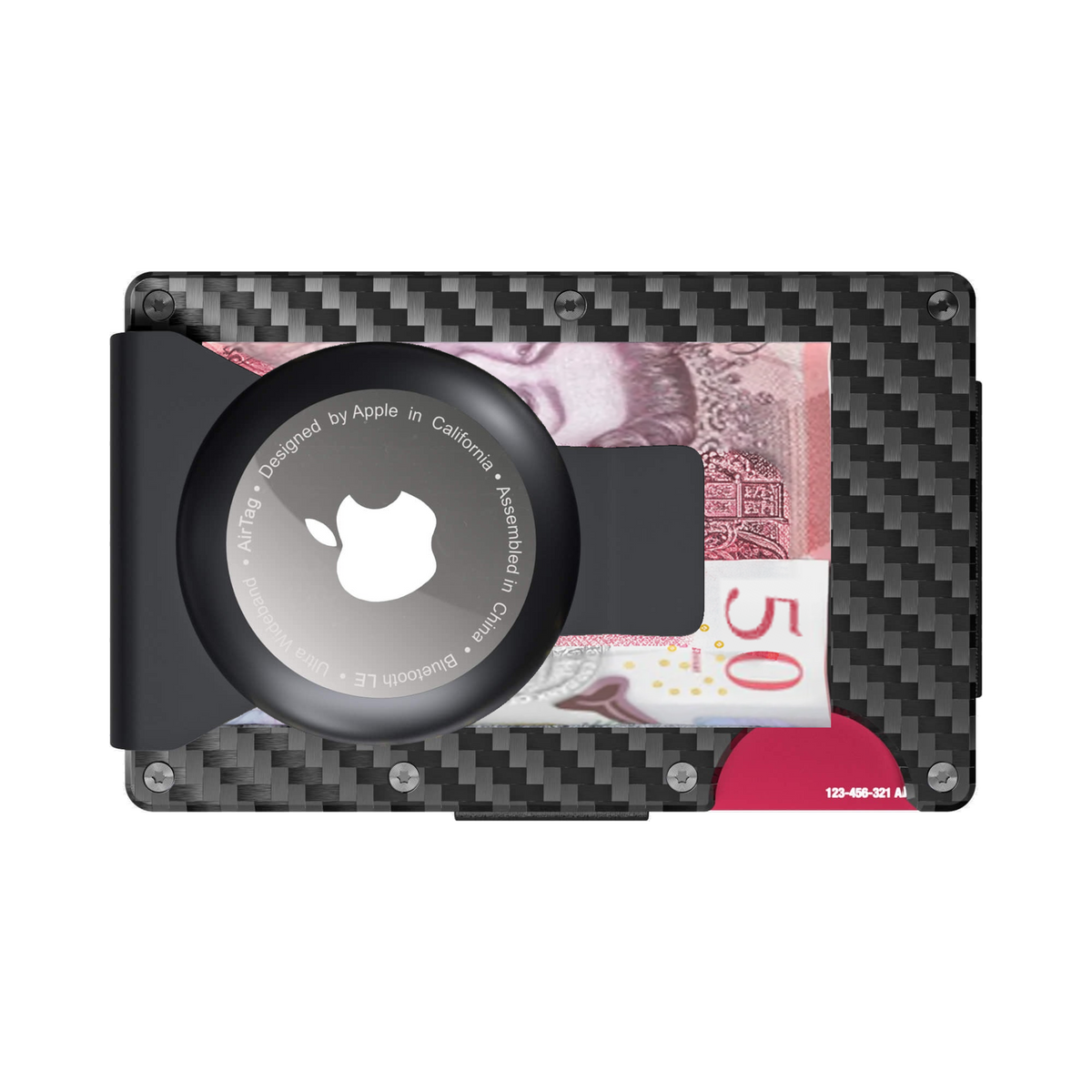 NANO Stealth Black 3K carbon fibre AirTag money clip wallet — money clip holding folded cash