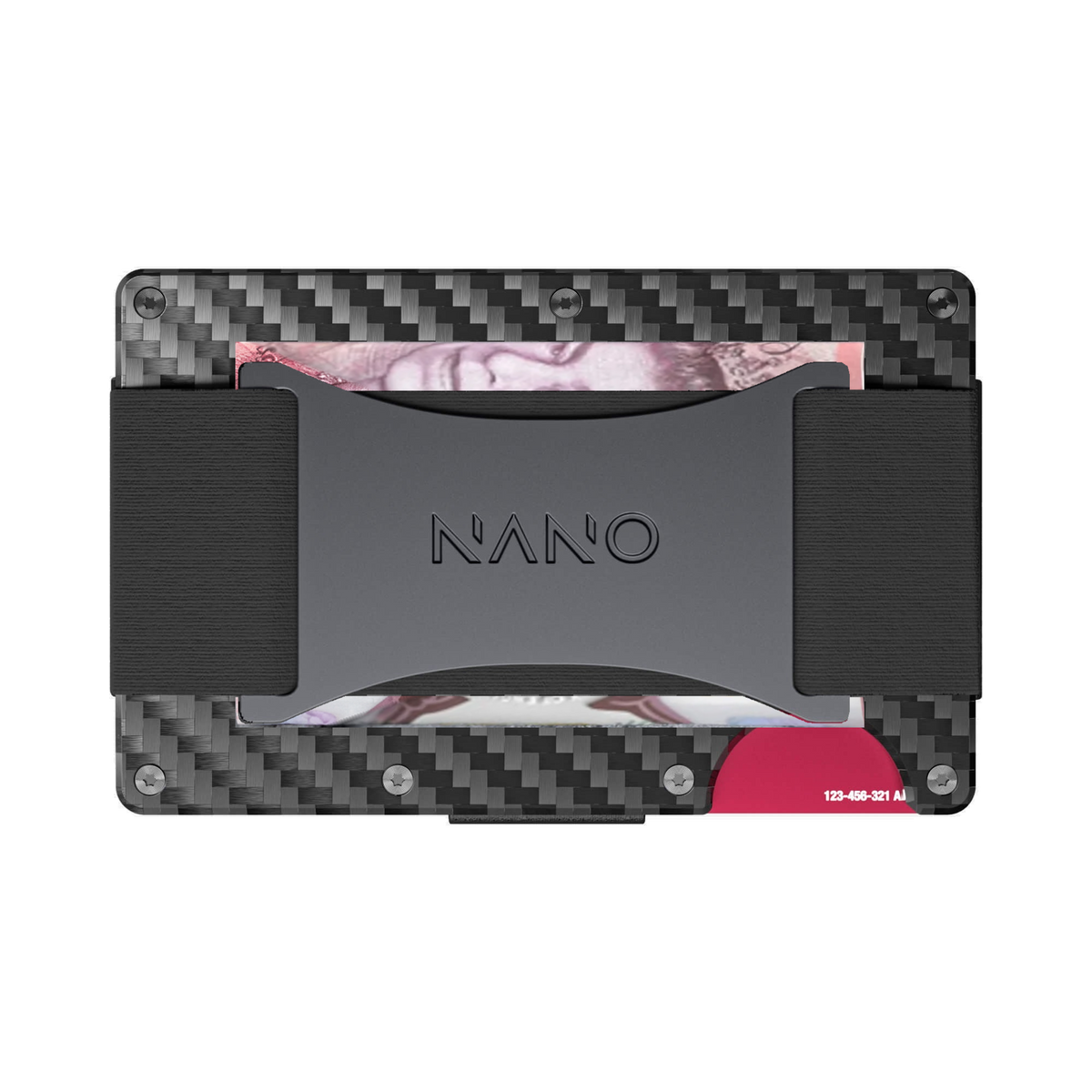 NANO Stealth Black 3K carbon fibre cash strap wallet — cash strap holding folded cash