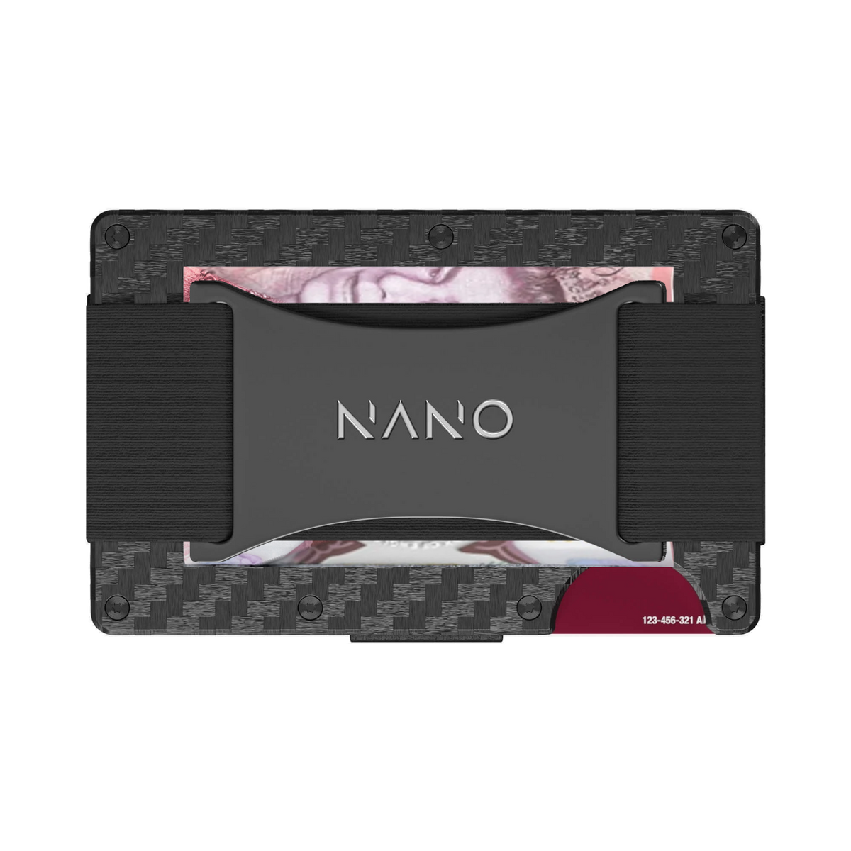 NANO Stealth Black 3K carbon fibre cash strap wallet — cash strap holding folded cash