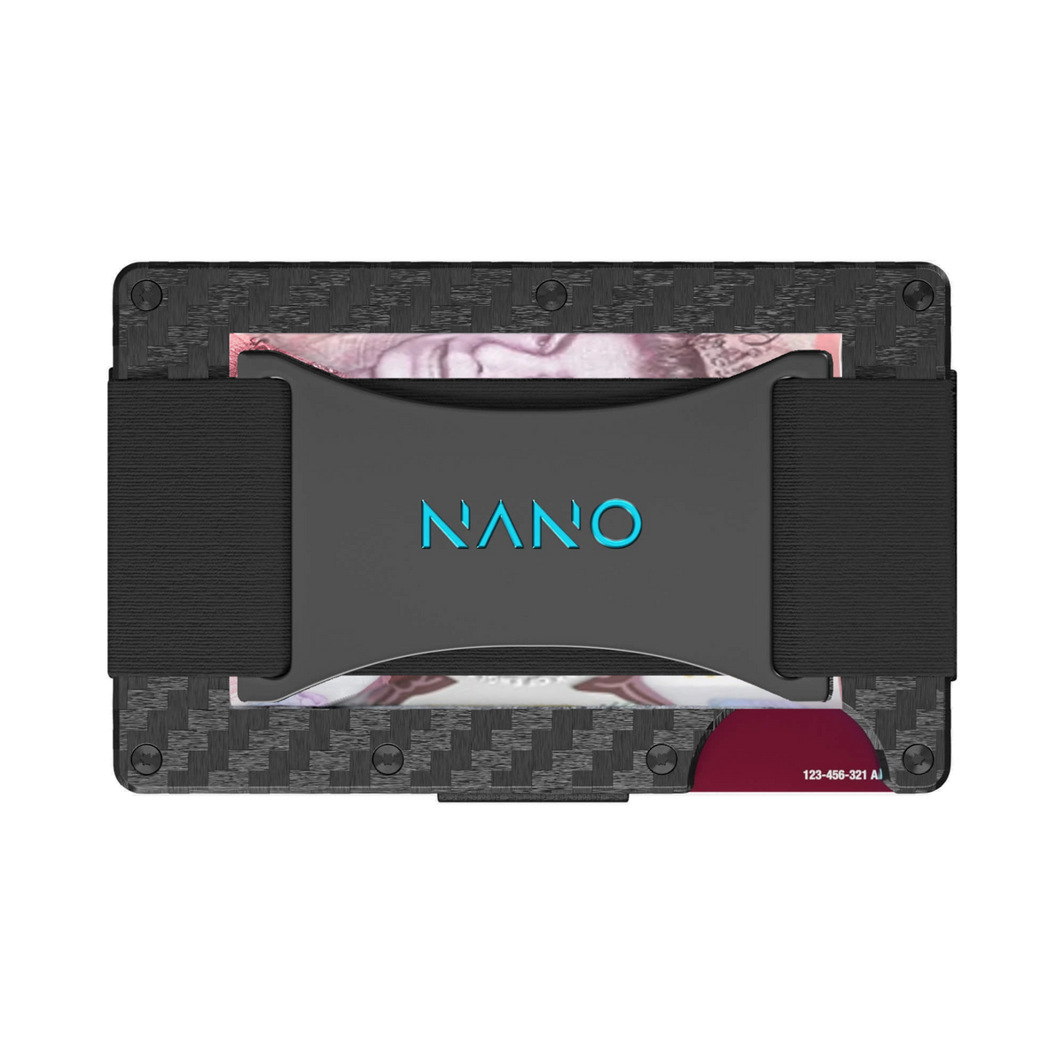 NANO Stealth Black 3K carbon fibre cash strap wallet — cash strap holding folded cash