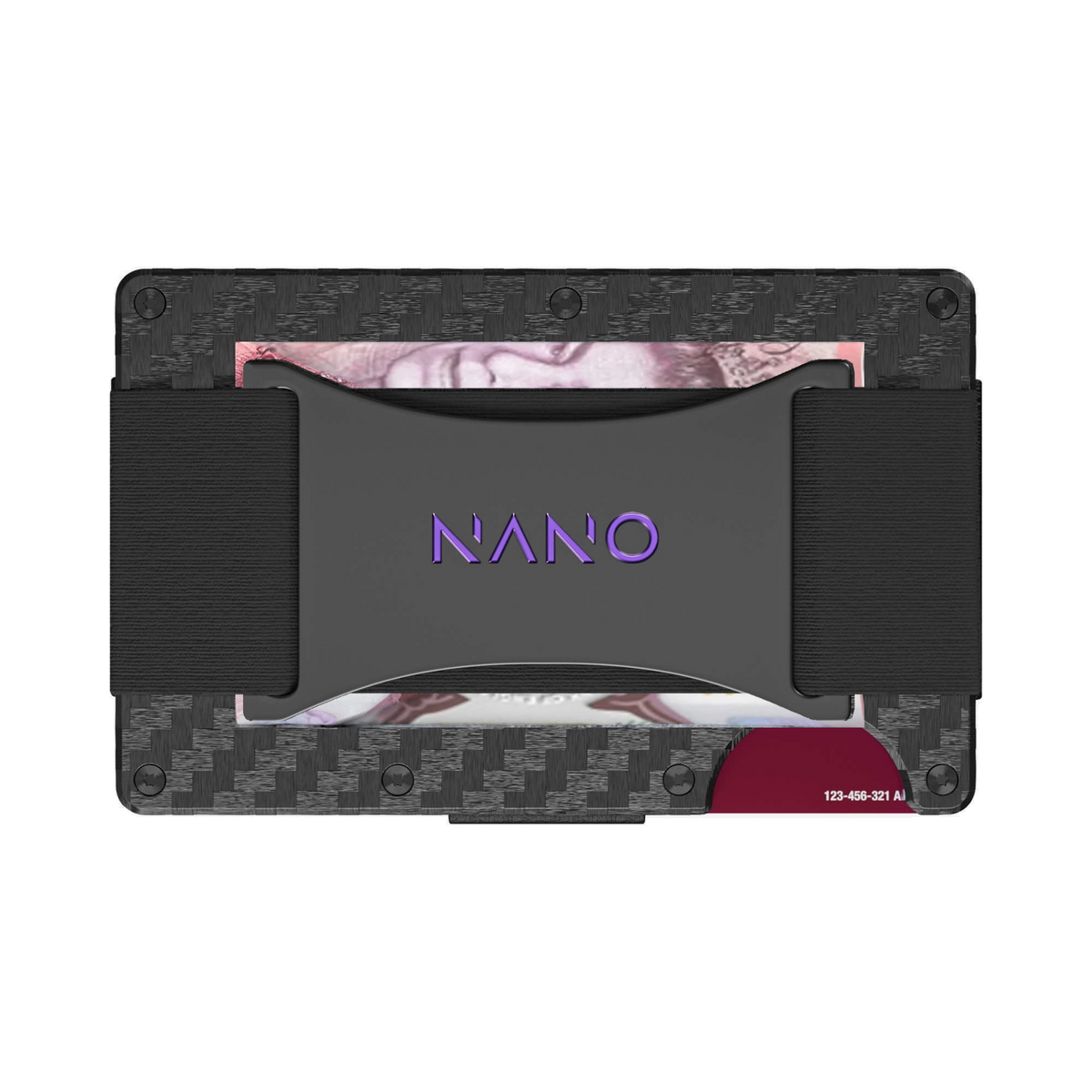 NANO Stealth Black 3K carbon fibre cash strap wallet — cash strap holding folded cash