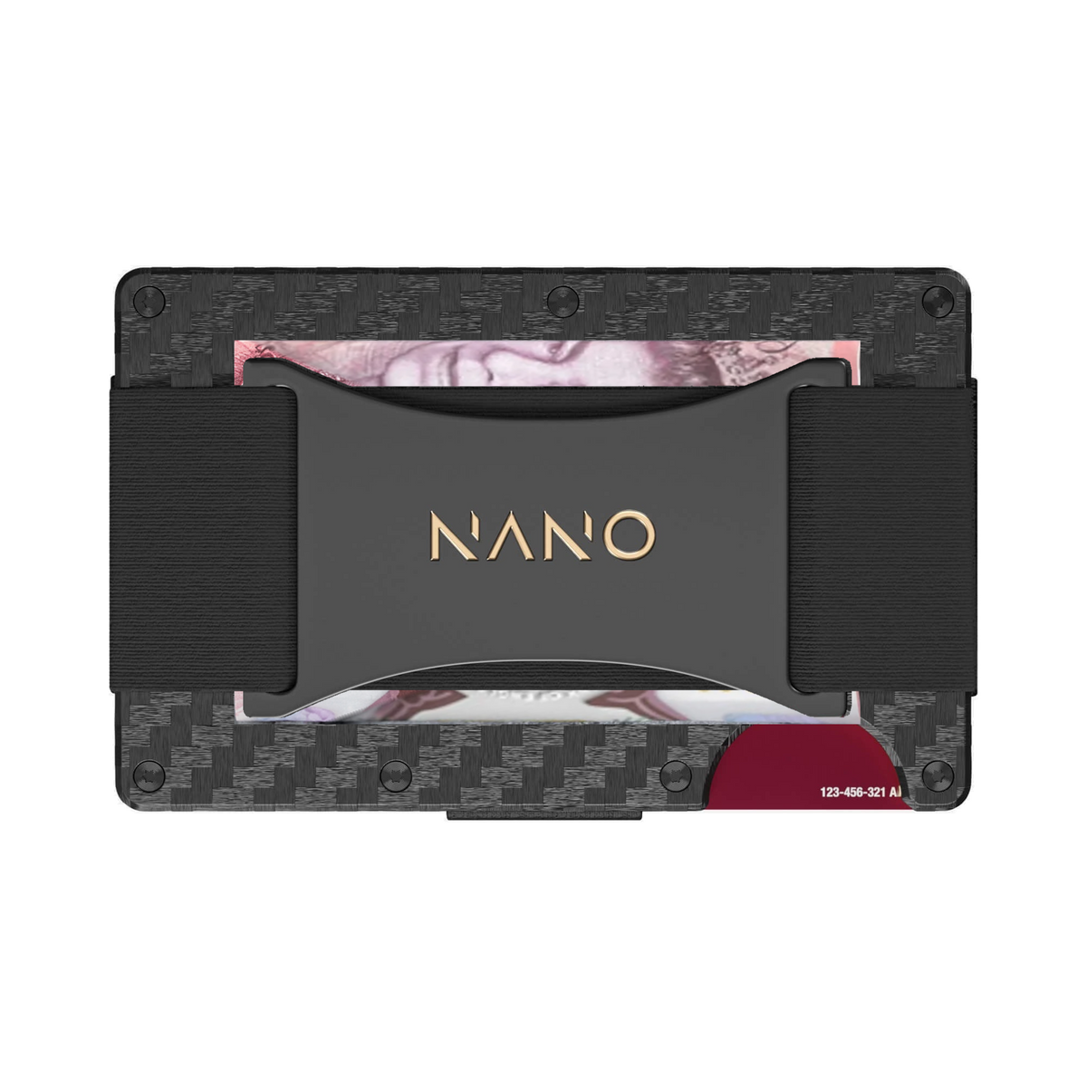 NANO Stealth Black 3K carbon fibre cash strap wallet — cash strap holding folded cash