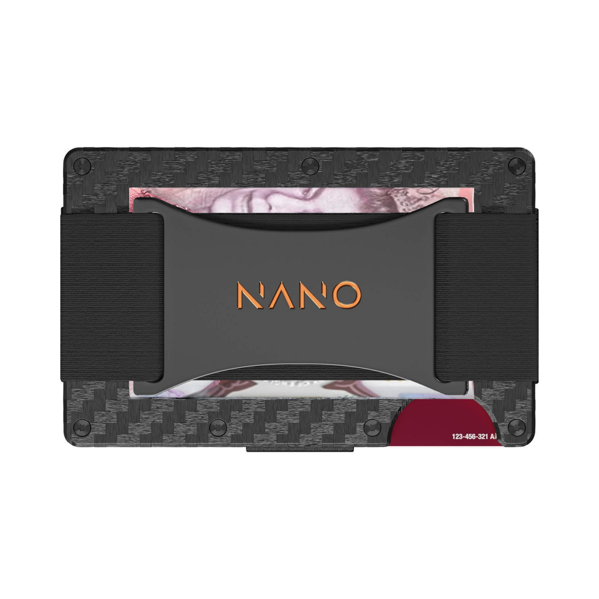 NANO Stealth Black 3K carbon fibre cash strap wallet — cash strap holding folded cash