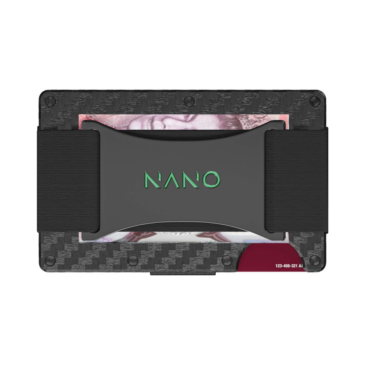 NANO Stealth Black 3K carbon fibre cash strap wallet — cash strap holding folded cash