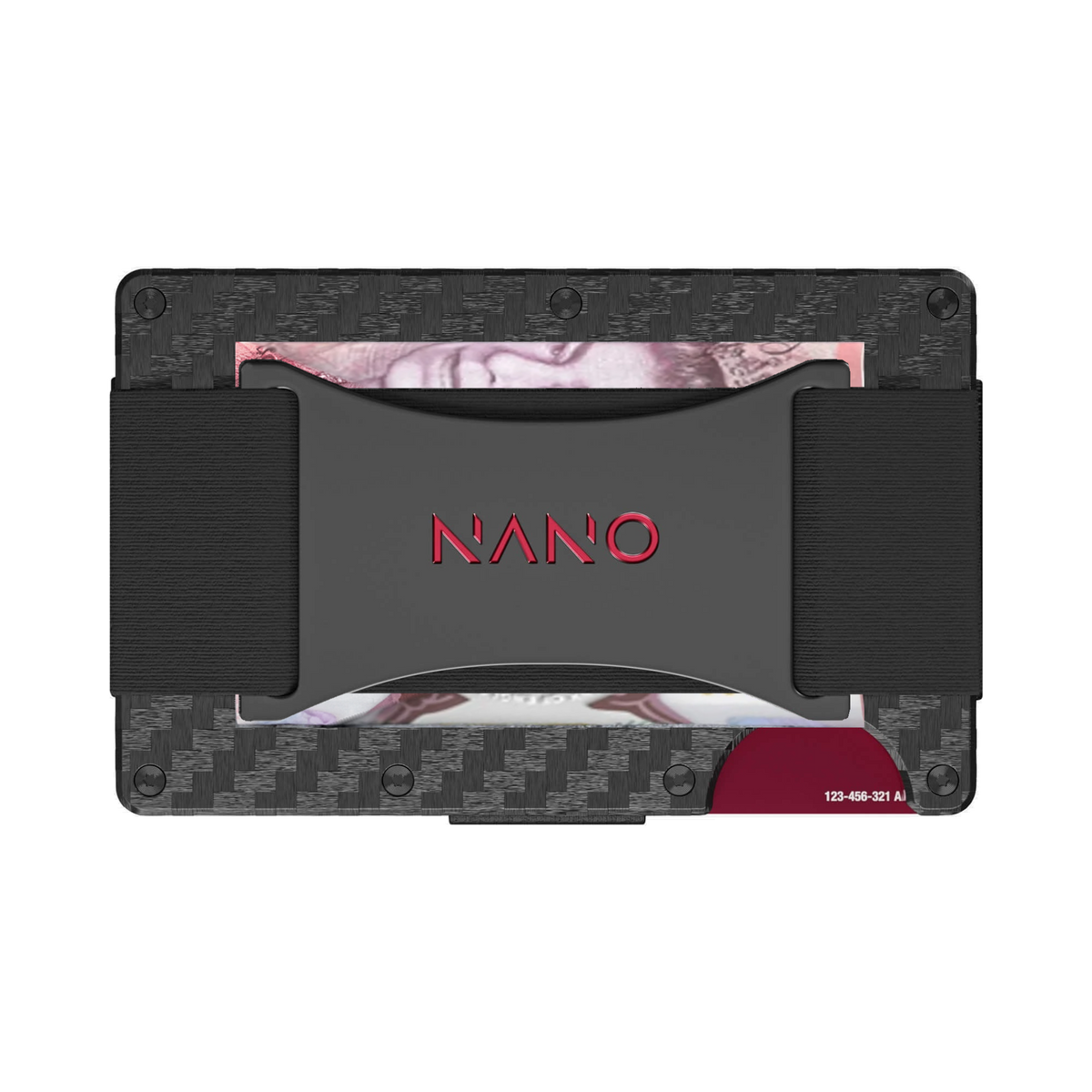 NANO Stealth Black 3K carbon fibre cash strap wallet — cash strap holding folded cash