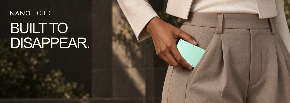 NANO CHIC orchard mint — Built to disappear. Approved female campaign with the original wallet render.