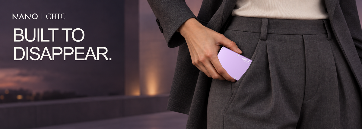 NANO CHIC twilight lilac — Built to disappear. Female campaign with the original wallet render.