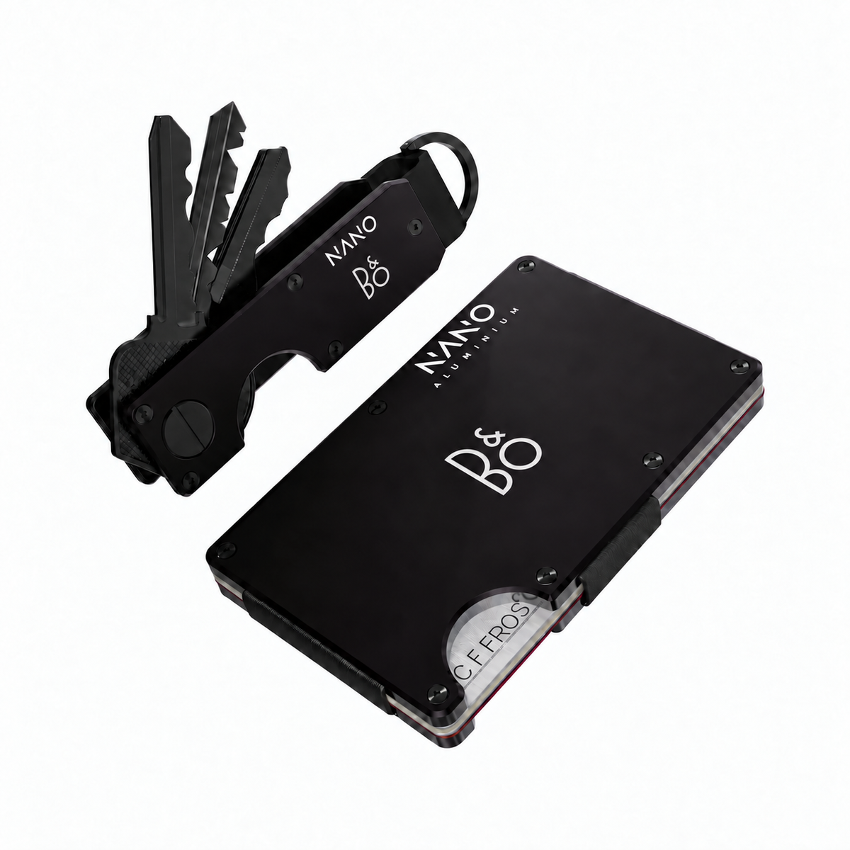 Illustrative Phantom Black NANO wallet and key case set with Bang &amp; Olufsen branding