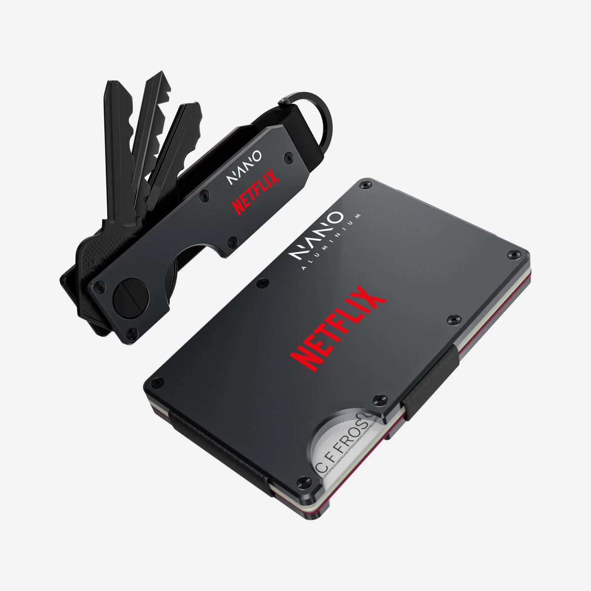 Illustrative Titan Gunmetal NANO wallet and key case set with Netflix branding