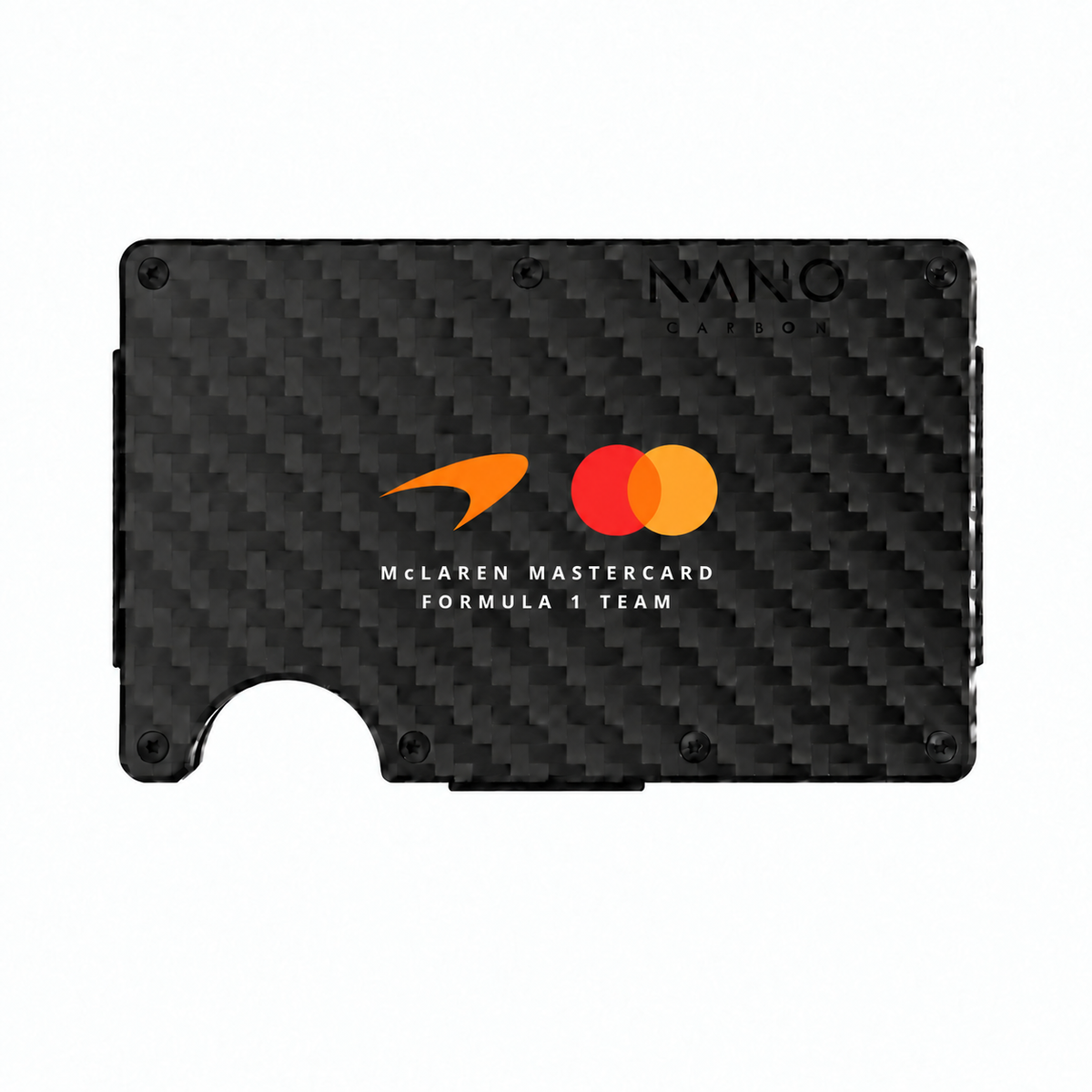 Illustrative Carbon Fibre 3K NANO wallet with McLaren and Mastercard branding