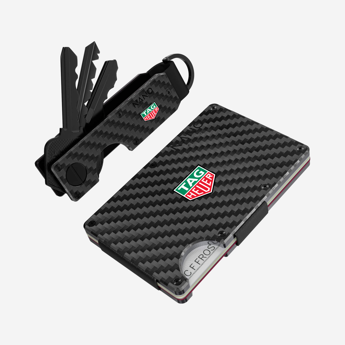 Illustrative Carbon Fibre 3K NANO wallet and key case set with TAG Heuer branding