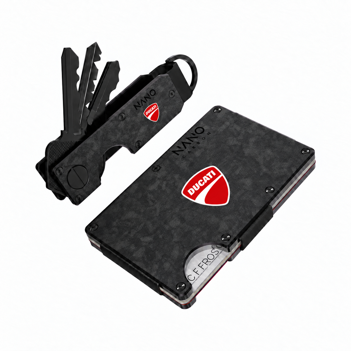 Illustrative Forged Carbon NANO wallet and key case set with Ducati branding