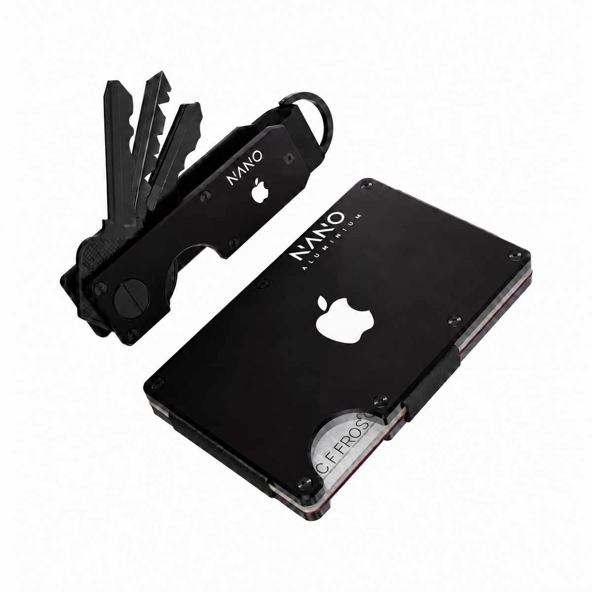 NANO wallet and key case with Apple-logo engraving shown as a branding visualisation