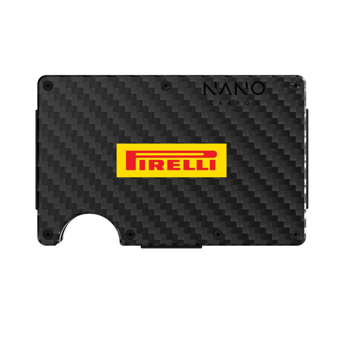NANO Carbon Fibre 3K wallet with Pirelli branding, shown as a UV-printing visualisation