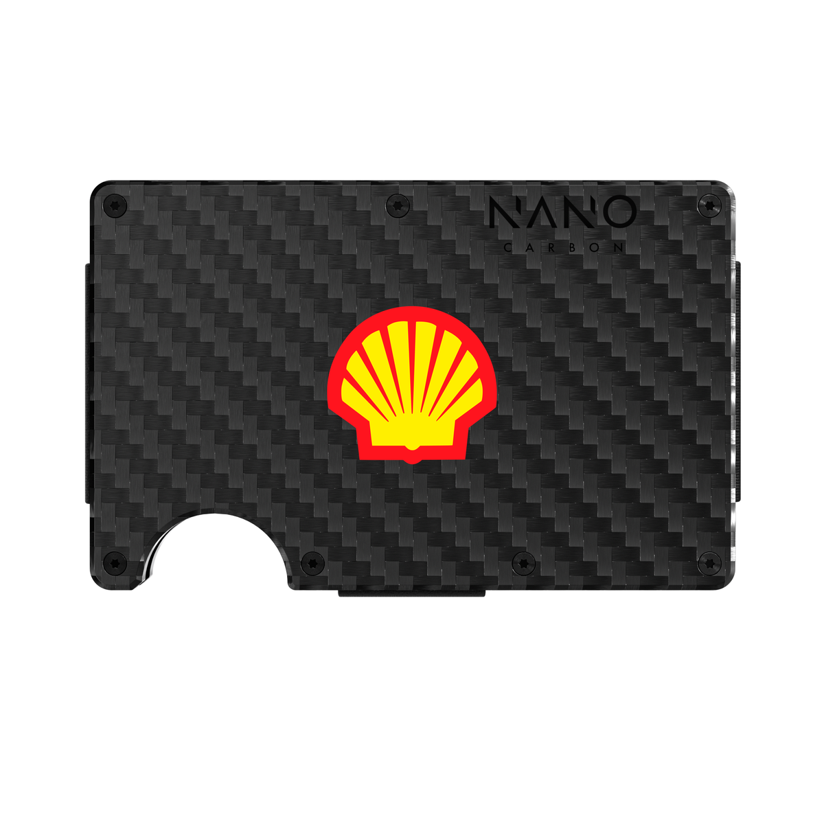 NANO Carbon Fibre 3K wallet with Shell branding, shown as a UV-printing visualisation