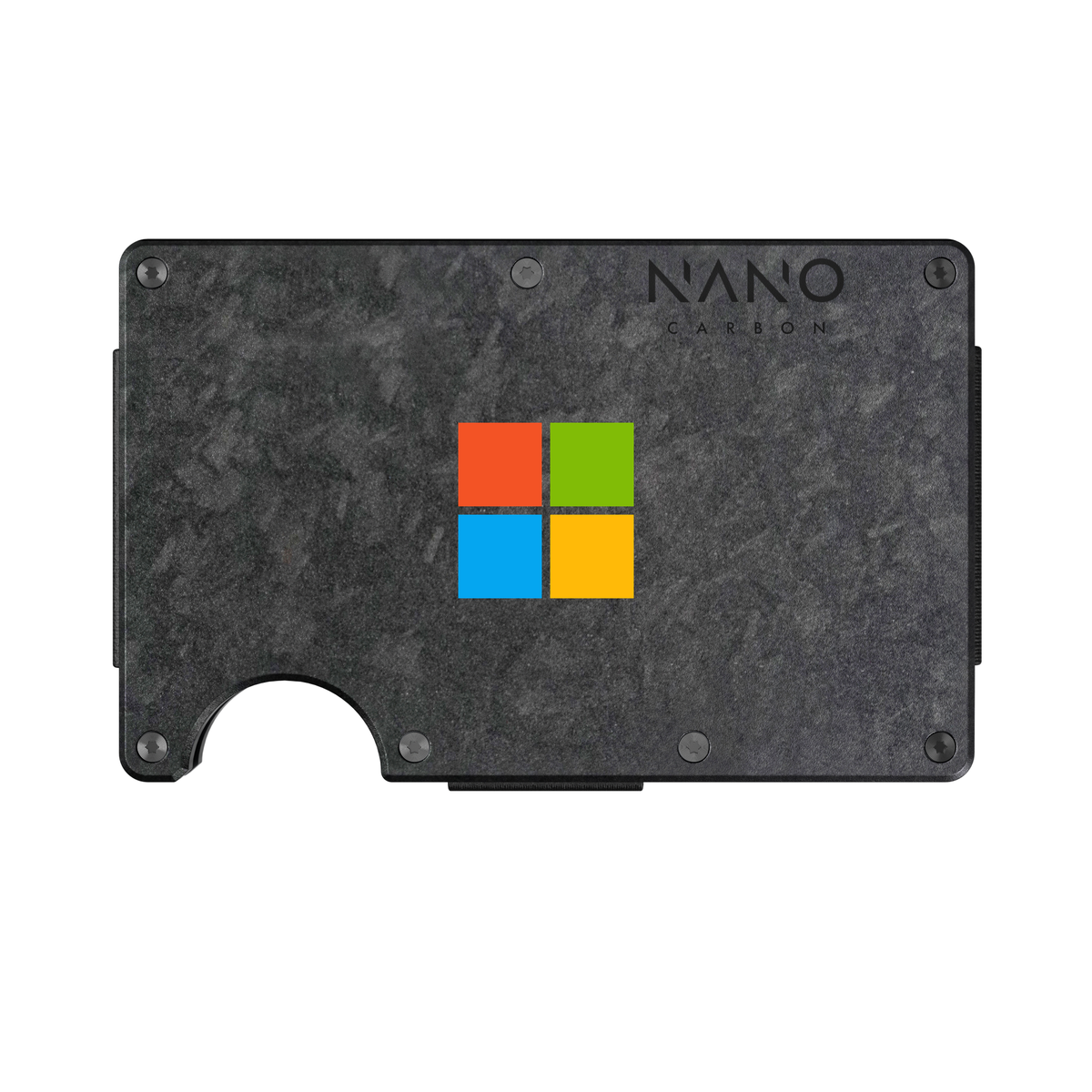 NANO Forged Carbon wallet with Microsoft branding, shown as a UV-printing visualisation