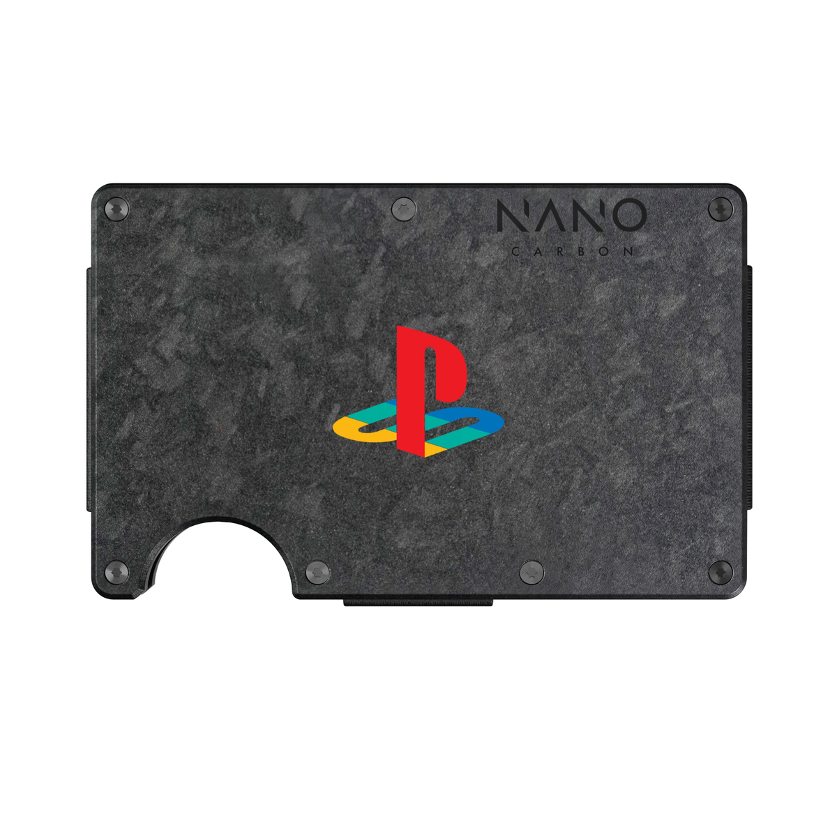 NANO Forged Carbon wallet with PlayStation branding, shown as a UV-printing visualisation