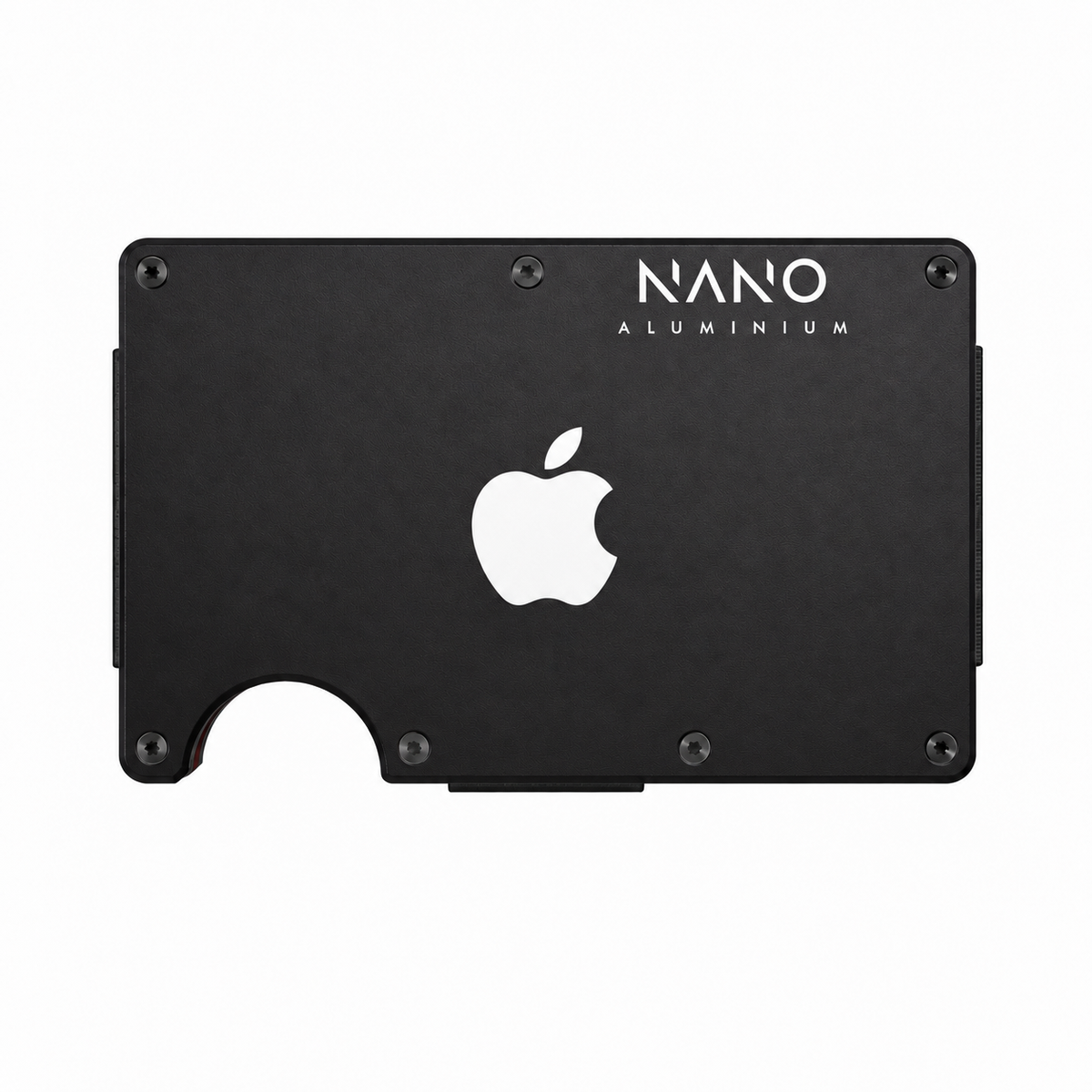 NANO aluminium wallet with Apple-logo engraving, shown as a branding visualisation