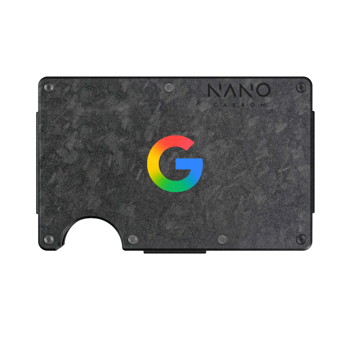 NANO Forged Carbon wallet with Google G branding, shown as a UV-printing visualisation