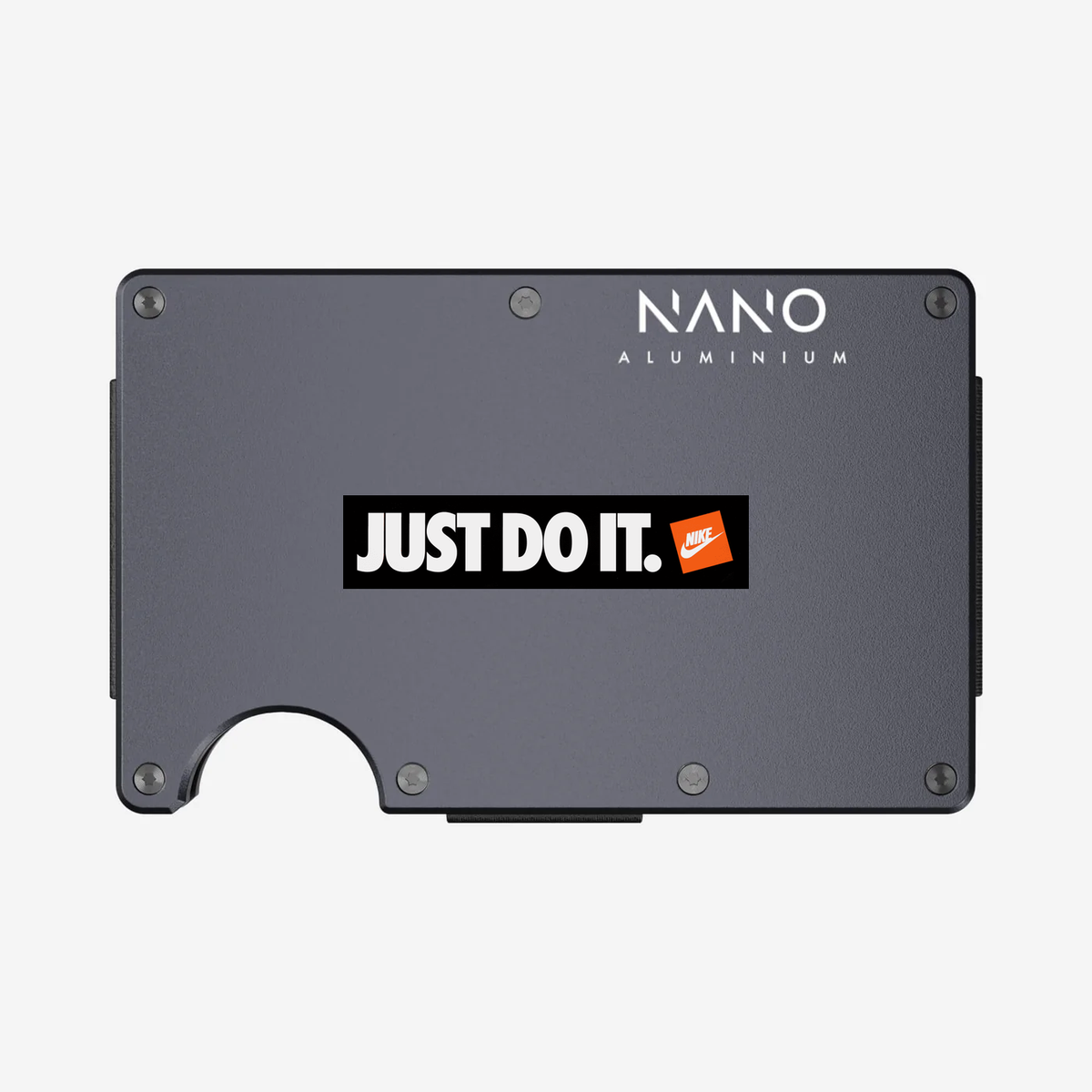 NANO aluminium wallet with Nike branding, shown as a silk-screen printing visualisation