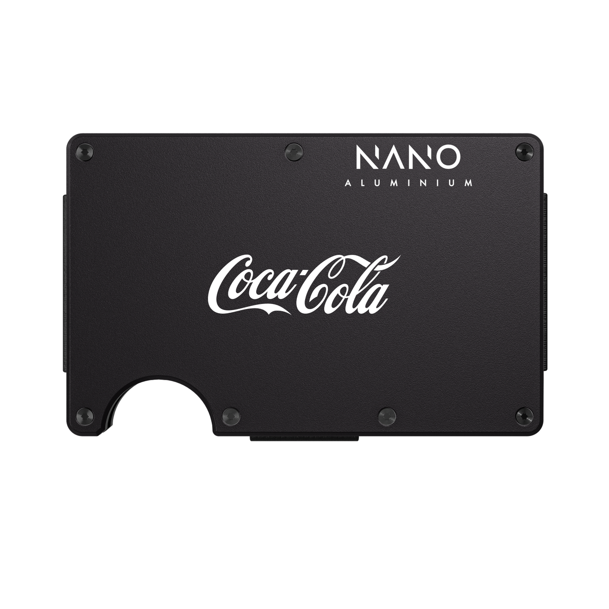 NANO Phantom Black wallet with Coca-Cola branding, shown as an engraving visualisation