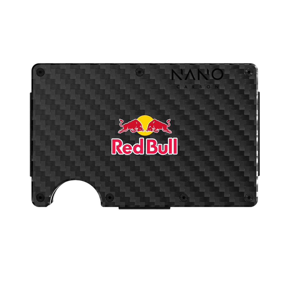 NANO Carbon Fibre 3K wallet with Red Bull branding, shown as a UV-printing visualisation
