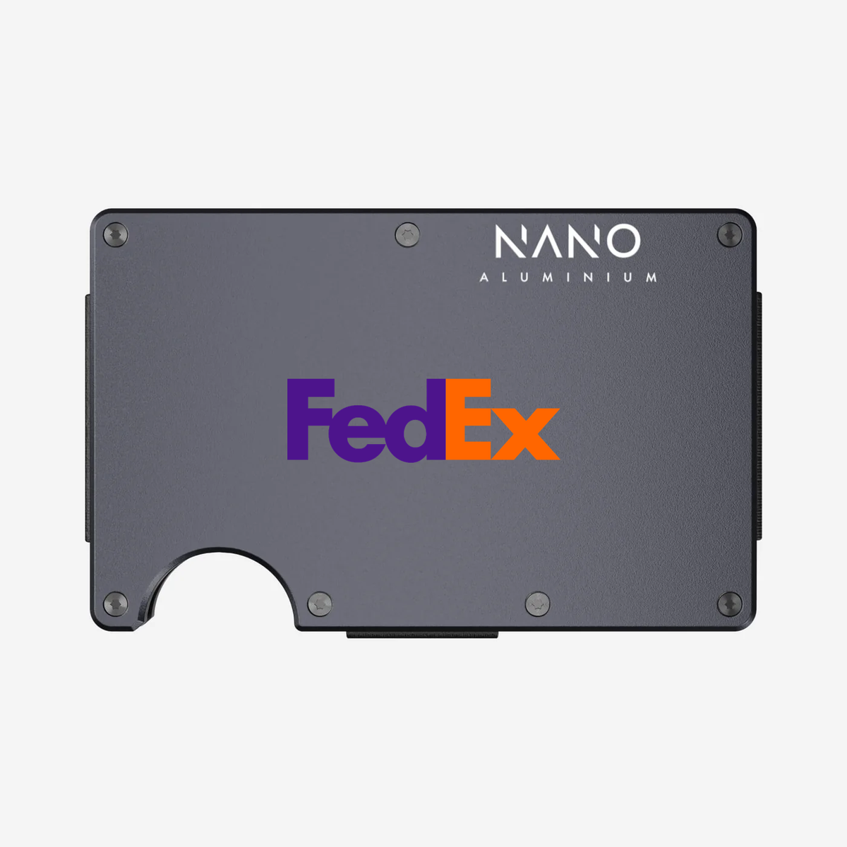 NANO Titan Gunmetal wallet with FedEx branding, shown as a silk-screen printing visualisation