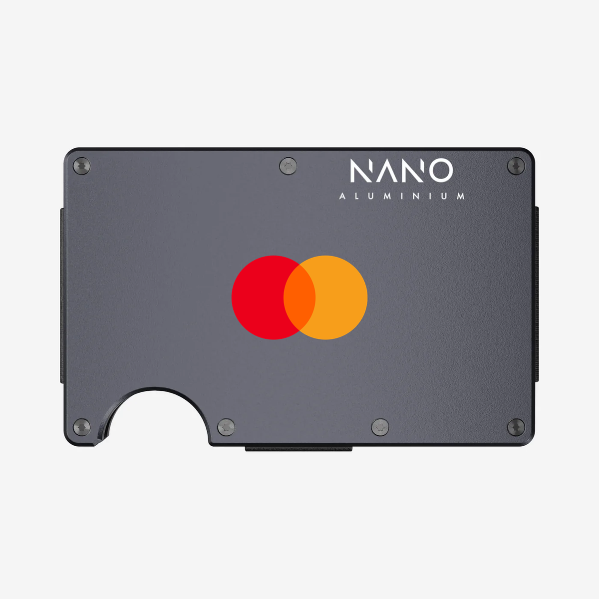 NANO Titan Gunmetal wallet with Mastercard branding, shown as a silk-screen printing visualisation