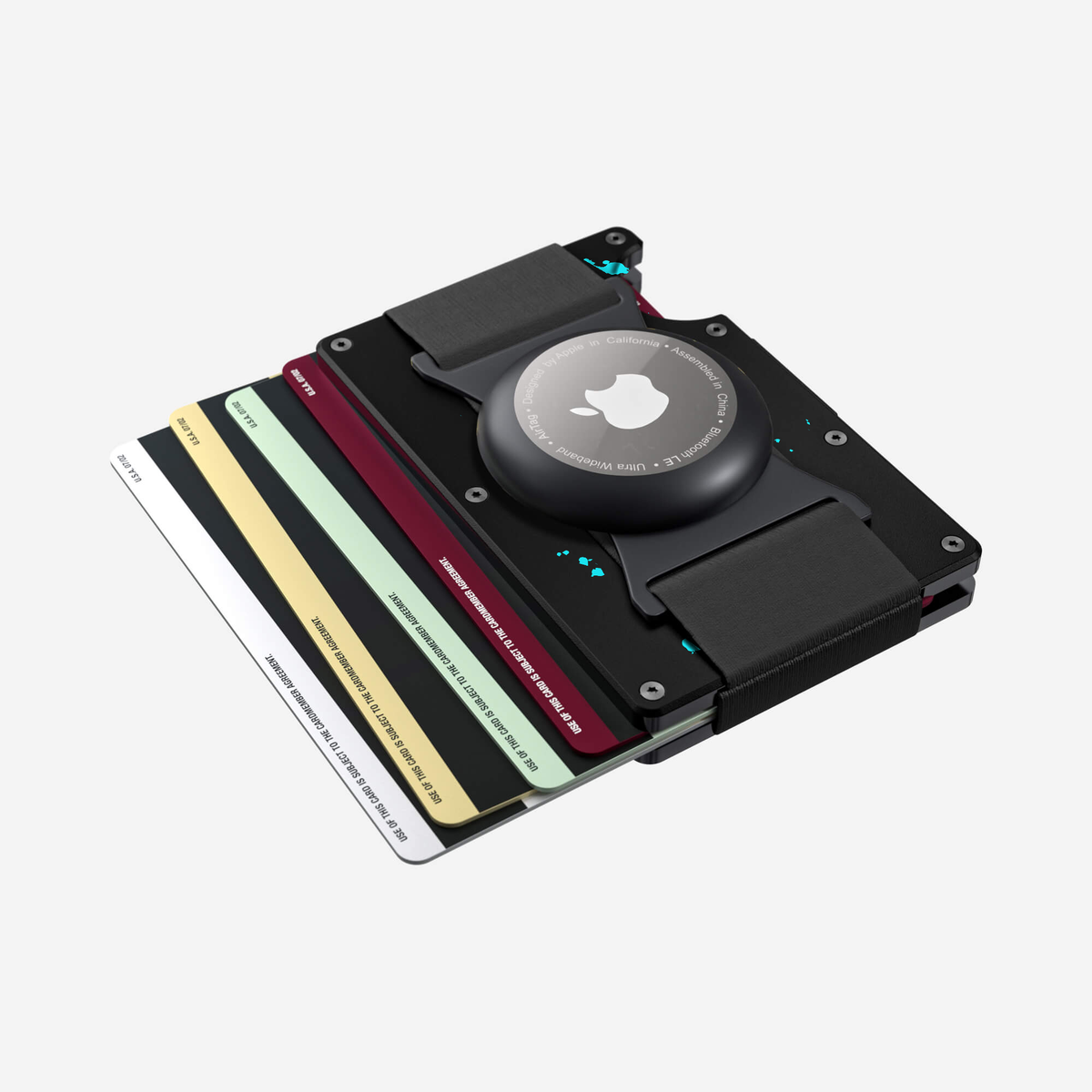 Aerial view with cards of the NANO Aluminium AirTag Cash Strap Wallet in Cosmic Pulse