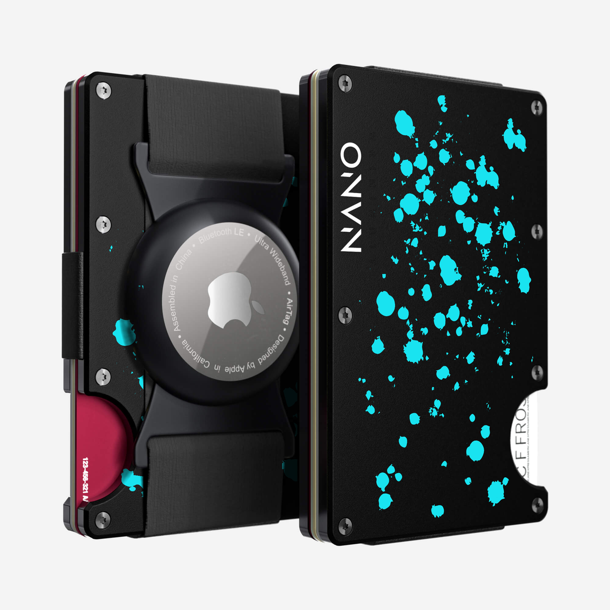 Front and back view of the NANO Aluminium AirTag Cash Strap Wallet in Cosmic Pulse