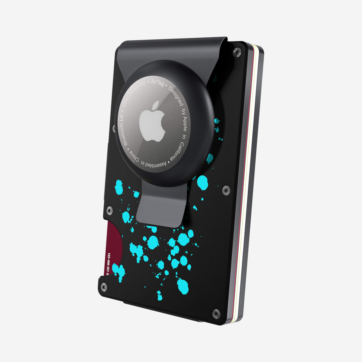 Angled back view of the NANO Aluminium AirTag Money Clip Wallet in Cosmic Pulse