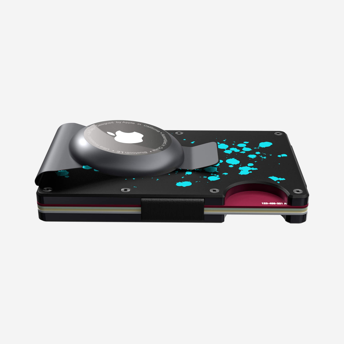 Slim profile view of the NANO Aluminium AirTag Money Clip Wallet in Cosmic Pulse
