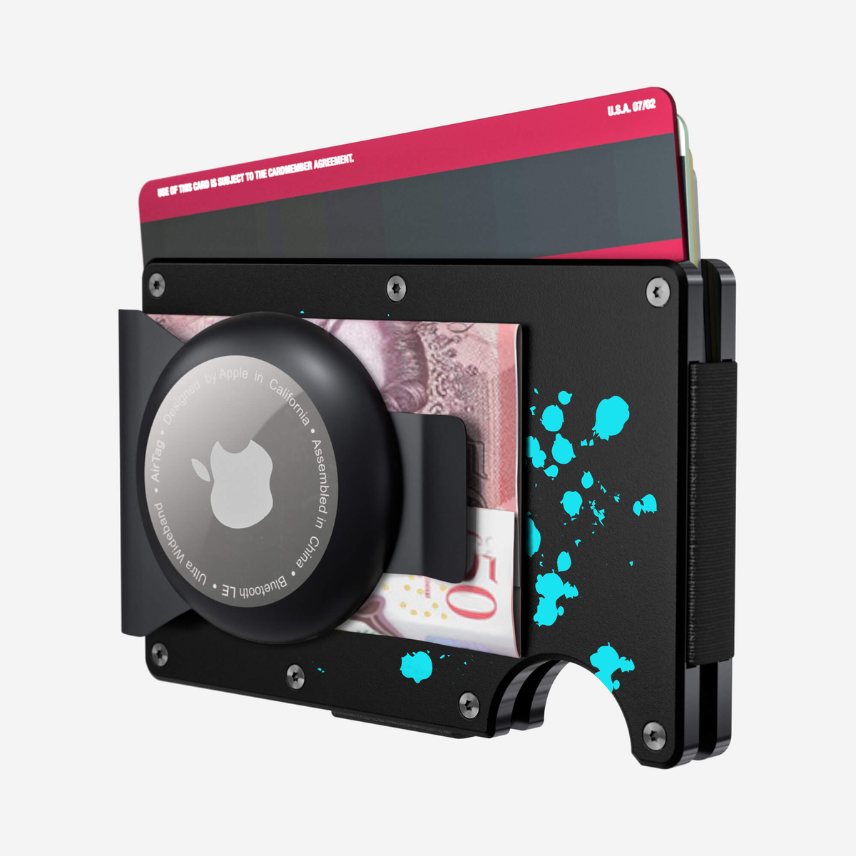 Back view with cards and cash of the NANO Aluminium AirTag Money Clip Wallet in Cosmic Pulse