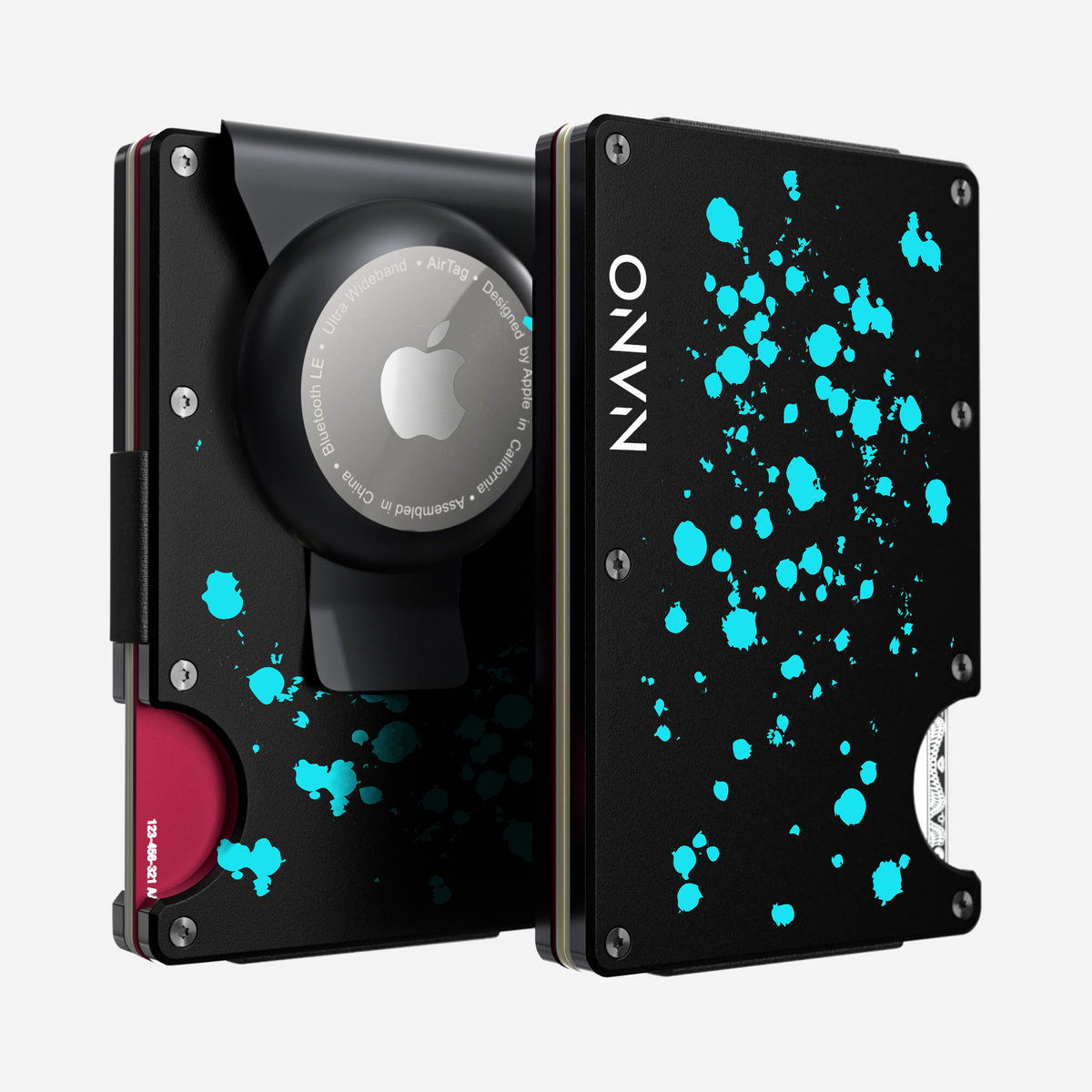 Front and back view of the NANO Aluminium AirTag Money Clip Wallet in Cosmic Pulse