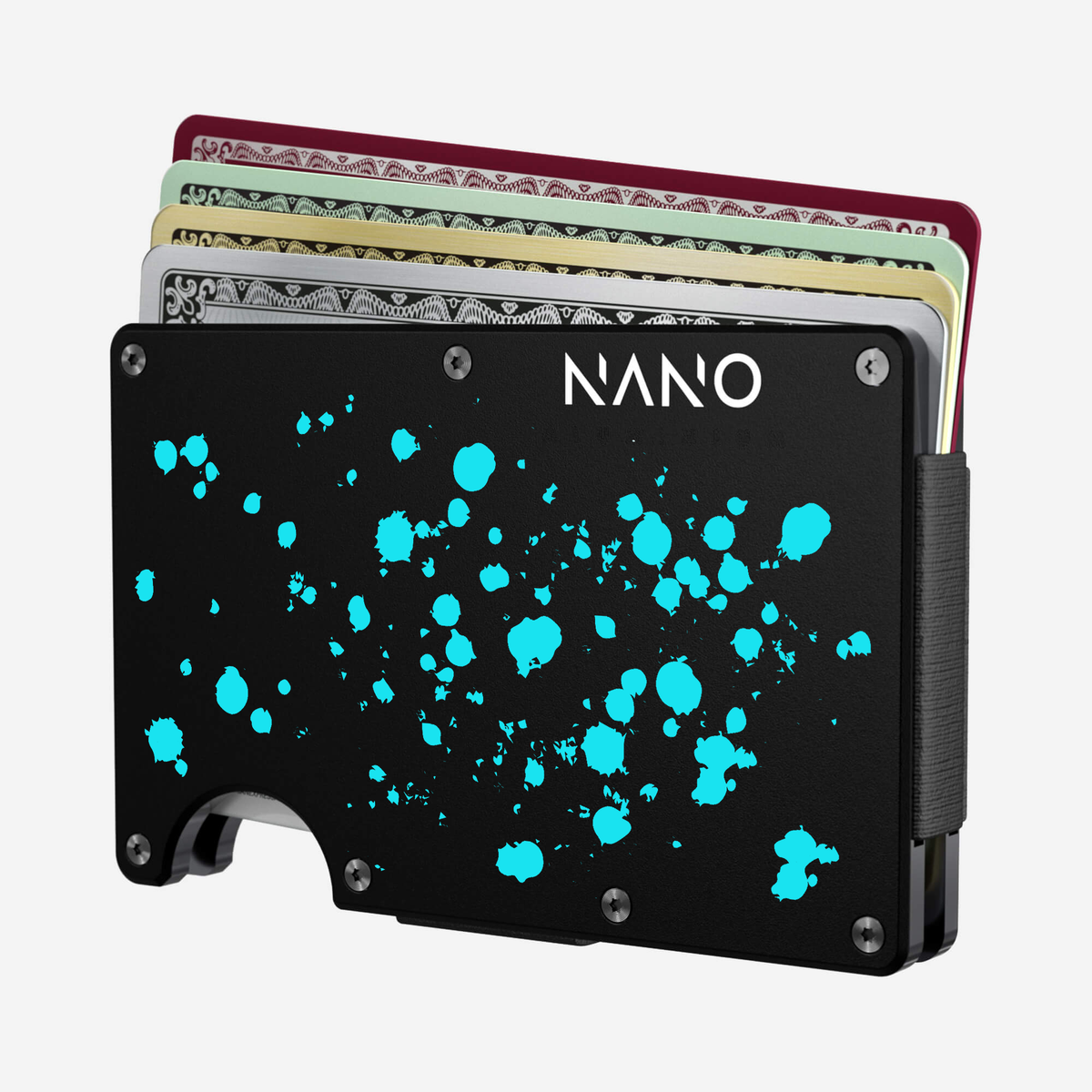 Angled front view of the NANO™ Aluminium Cash Strap Wallet in Cosmic Pulse showing cards fanned out