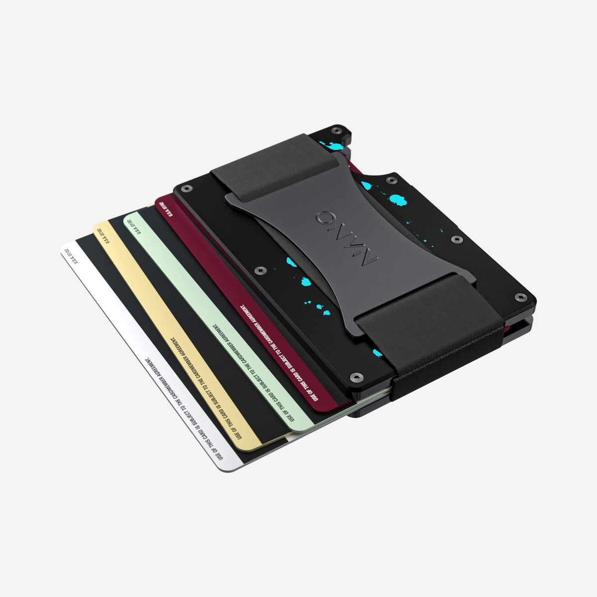 Angled aerial view of the NANO™ Aluminium Cash Strap Wallet in Cosmic Pulse showing cards fanned out