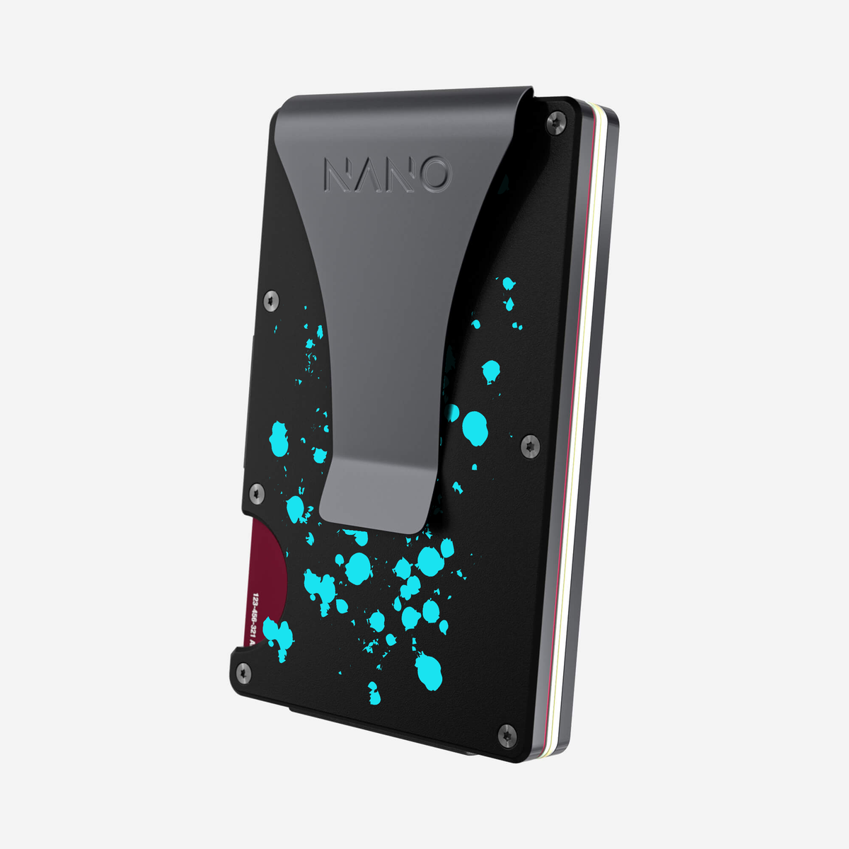 Angled back view of the NANO™ Aluminium Money Clip Wallet in Cosmic Pulse