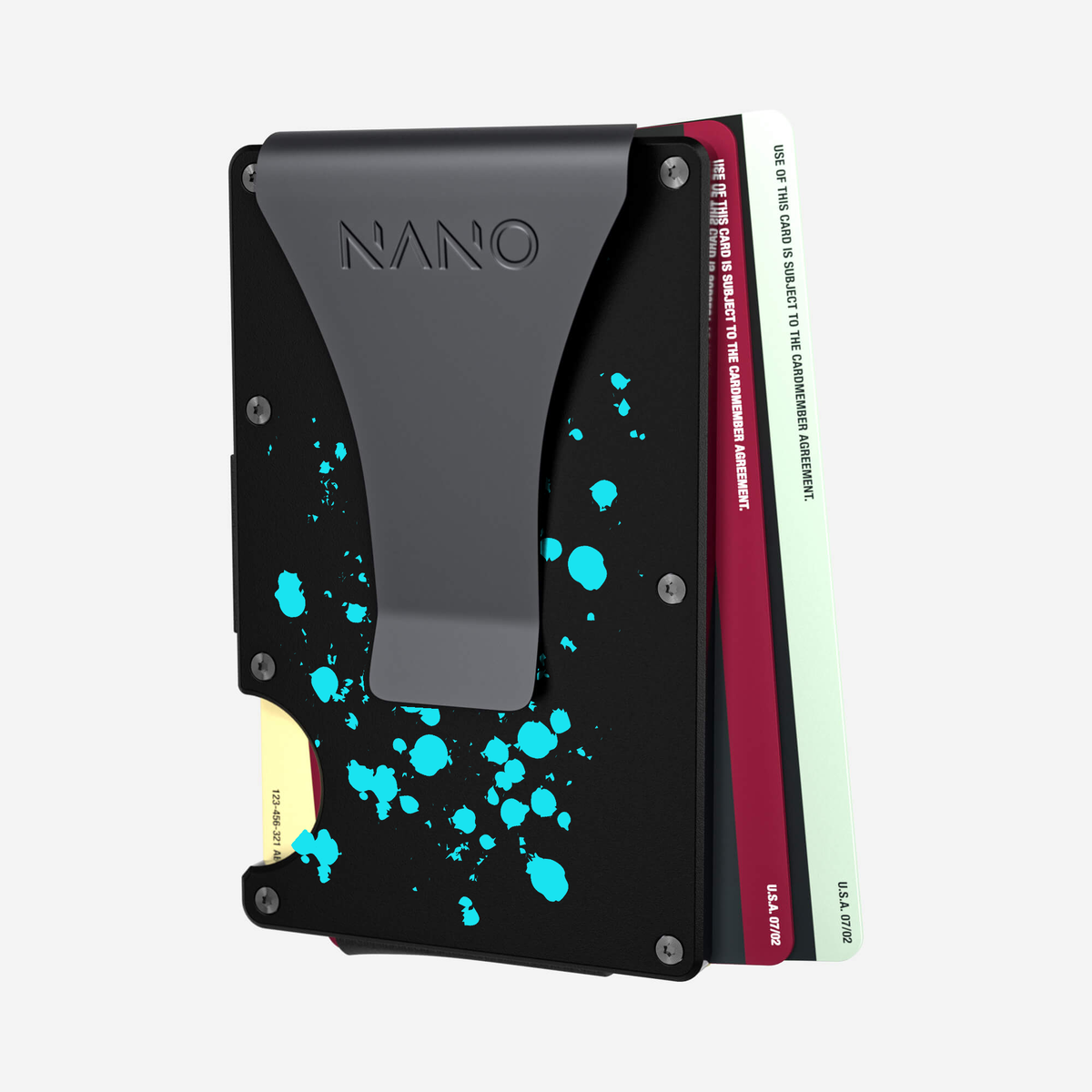Angled back view of the NANO™ Aluminium Money Clip Wallet in Cosmic Pulse showing cards fanned out