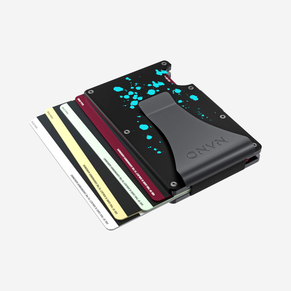 Angled aerial view of the NANO™ Aluminium Money Clip Wallet in Cosmic Pulse showing cards fanned out