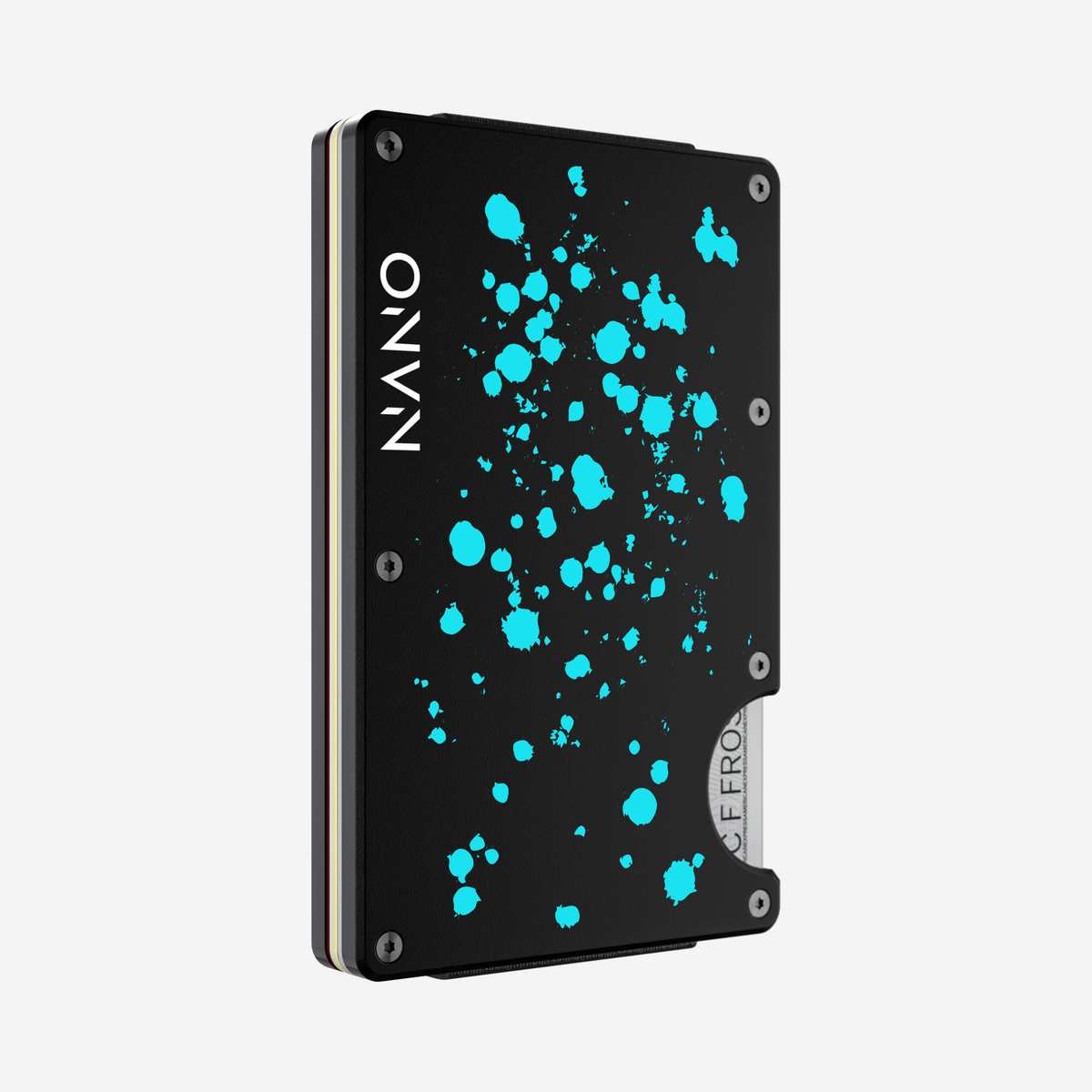 Angled front view of the NANO™ Aluminium Money Clip Wallet in Cosmic Pulse