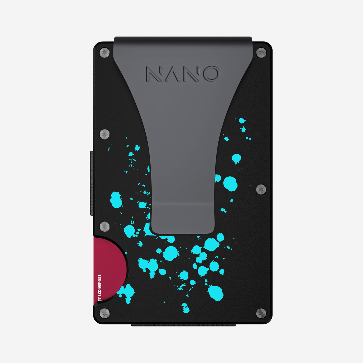 Back view of the NANO™ Aluminium Money Clip Wallet in Cosmic Pulse showing the money clip and elastic track
