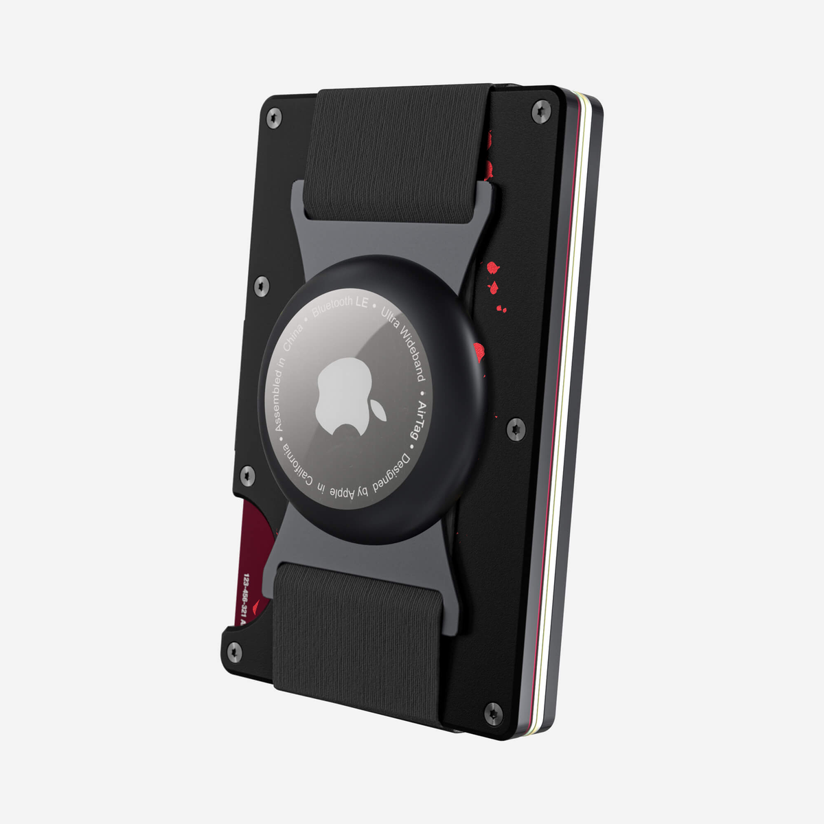 Angled back view of the NANO Aluminium AirTag Cash Strap Wallet in Crimson Trace