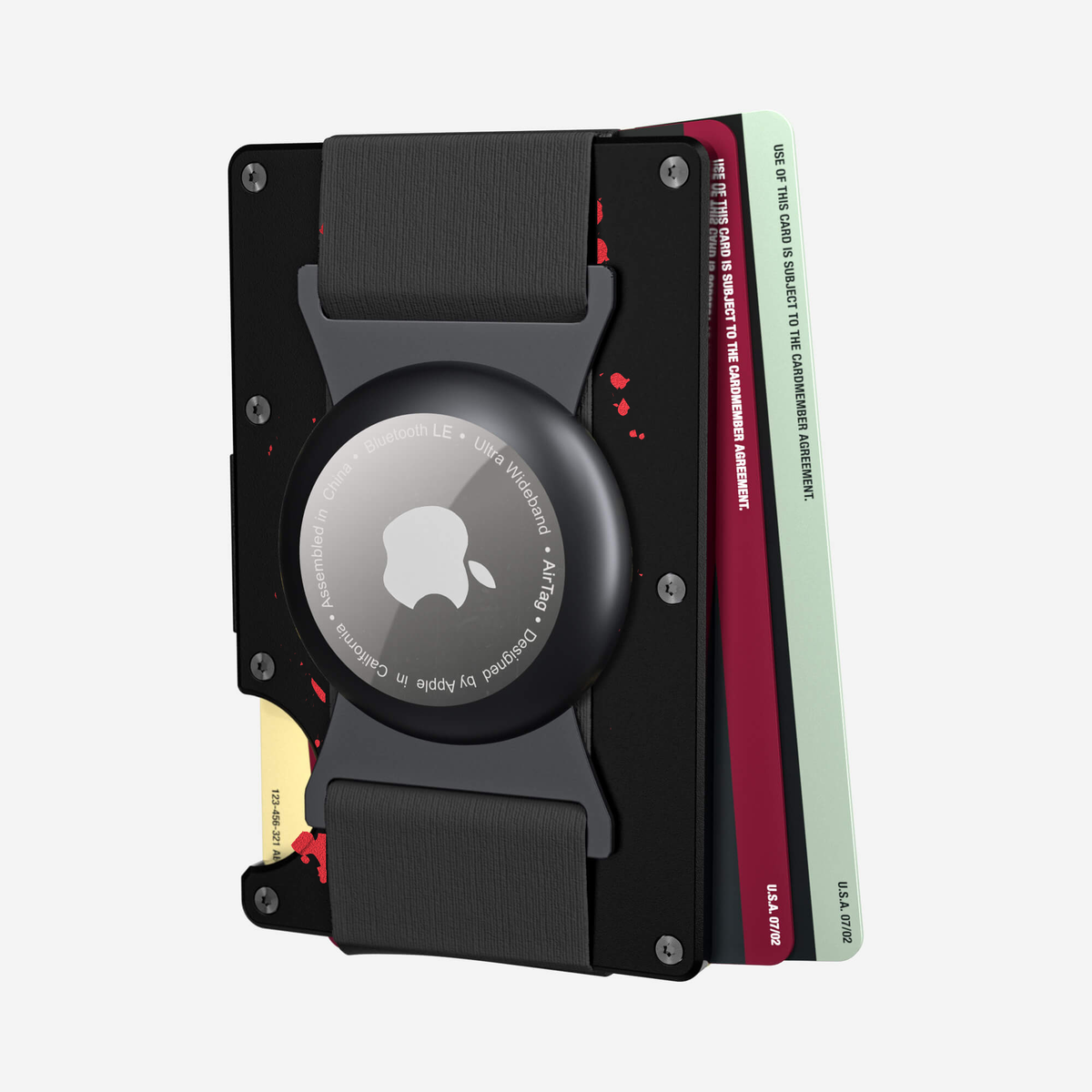 Angled back view with cards of the NANO Aluminium AirTag Cash Strap Wallet in Crimson Trace