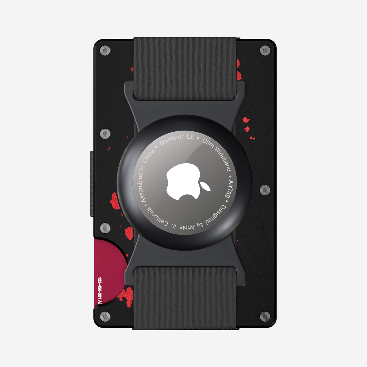 Back view of the attachment of the NANO Aluminium AirTag Cash Strap Wallet in Crimson Trace