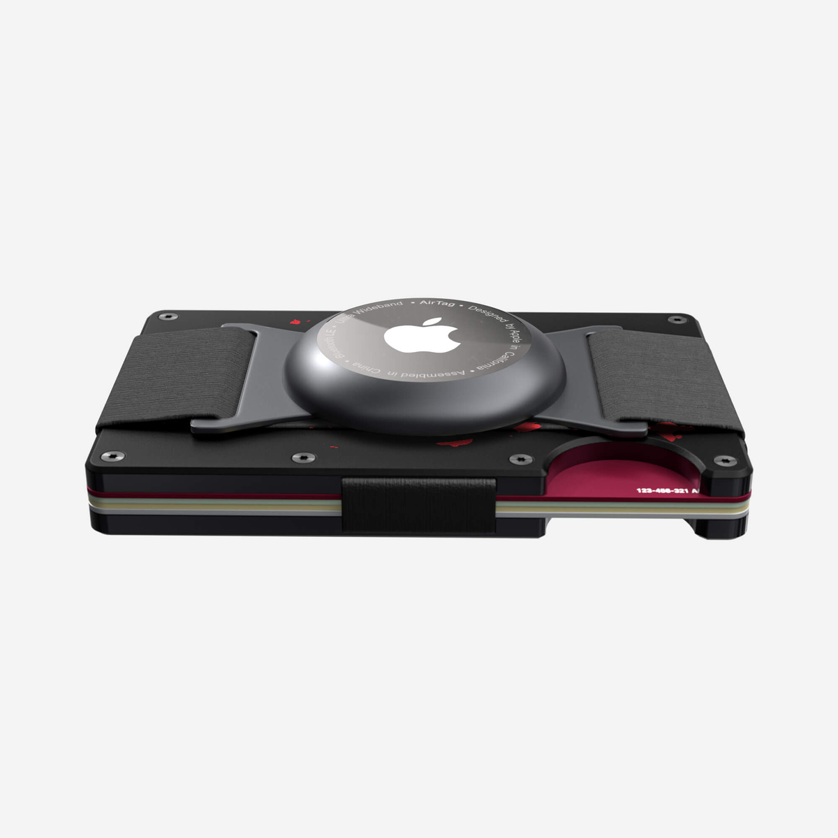 Slim profile view of the NANO Aluminium AirTag Cash Strap Wallet in Crimson Trace