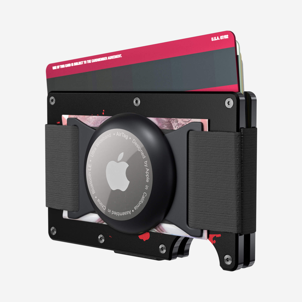 Back view with cards and cash of the NANO Aluminium AirTag Cash Strap Wallet in Crimson Trace