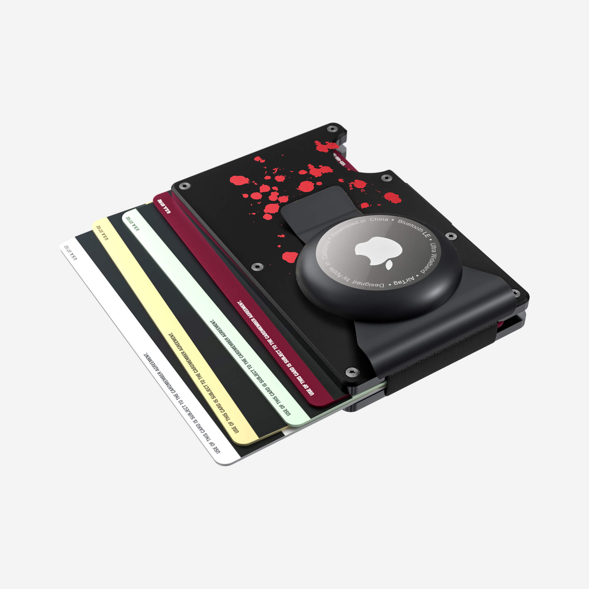 Aerial view with cards of the NANO Aluminium AirTag Money Clip Wallet in Crimson Trace