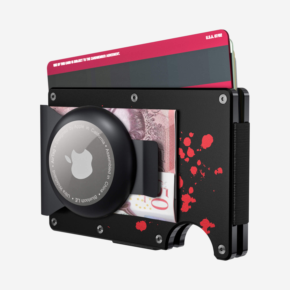 Back view with cards and cash of the NANO Aluminium AirTag Money Clip Wallet in Crimson Trace